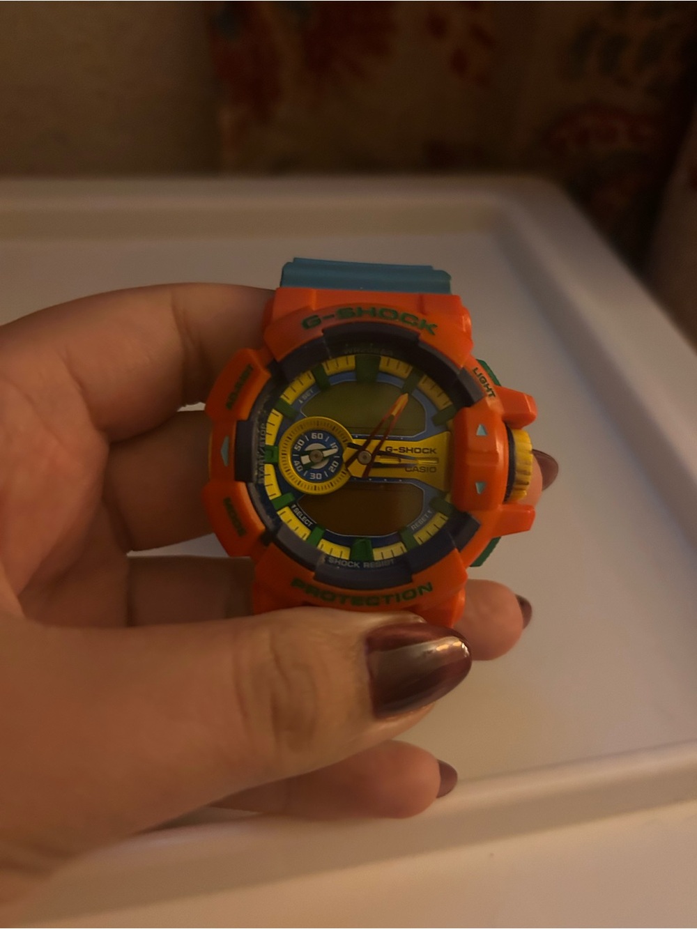 G-Shock Orange and Blue Sport Watch with Yellow Accents